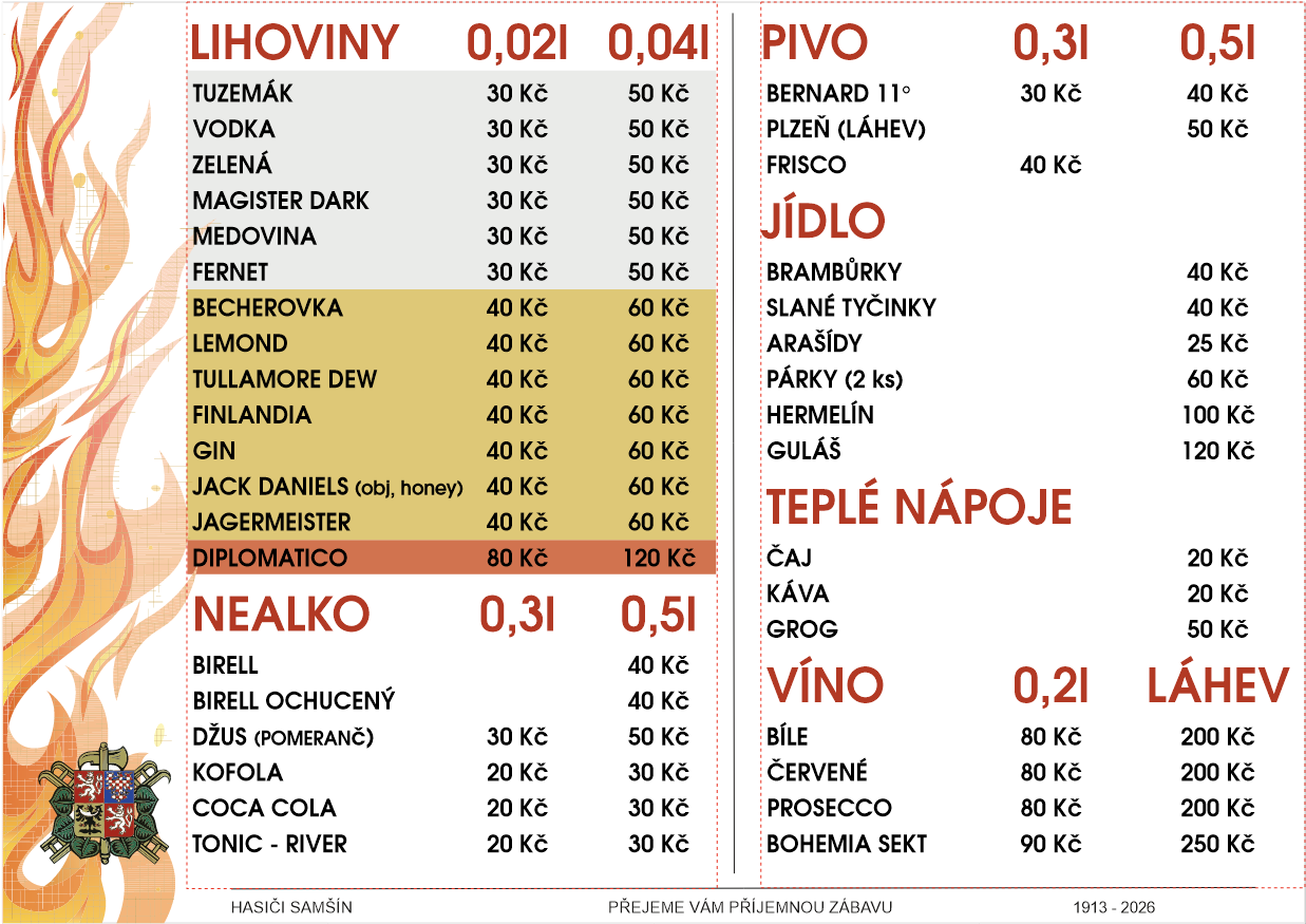 Nápojový lístek SDH Samšín